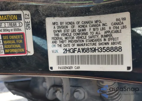 2009 Honda Civic Ex z USA, uszkodzony, nr VIN 2HGFA16819H358888